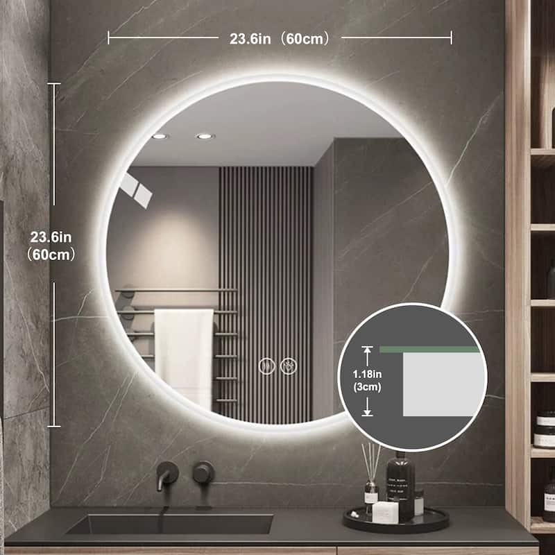 26" x 26" Round Wall-mounted Vanity Light Mirror with Adjustable LED