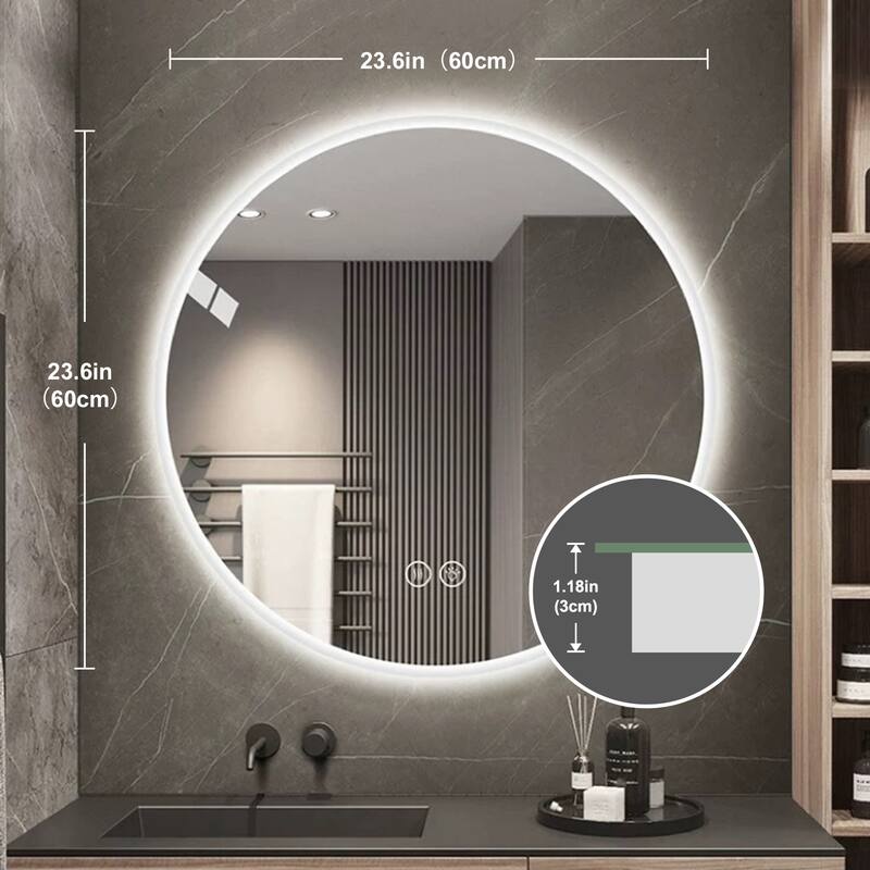 Round LED Bathroom Mirror - Wall-Mounted, Anti-Fog, Adjustable Color Temperature, Dimming - Silver