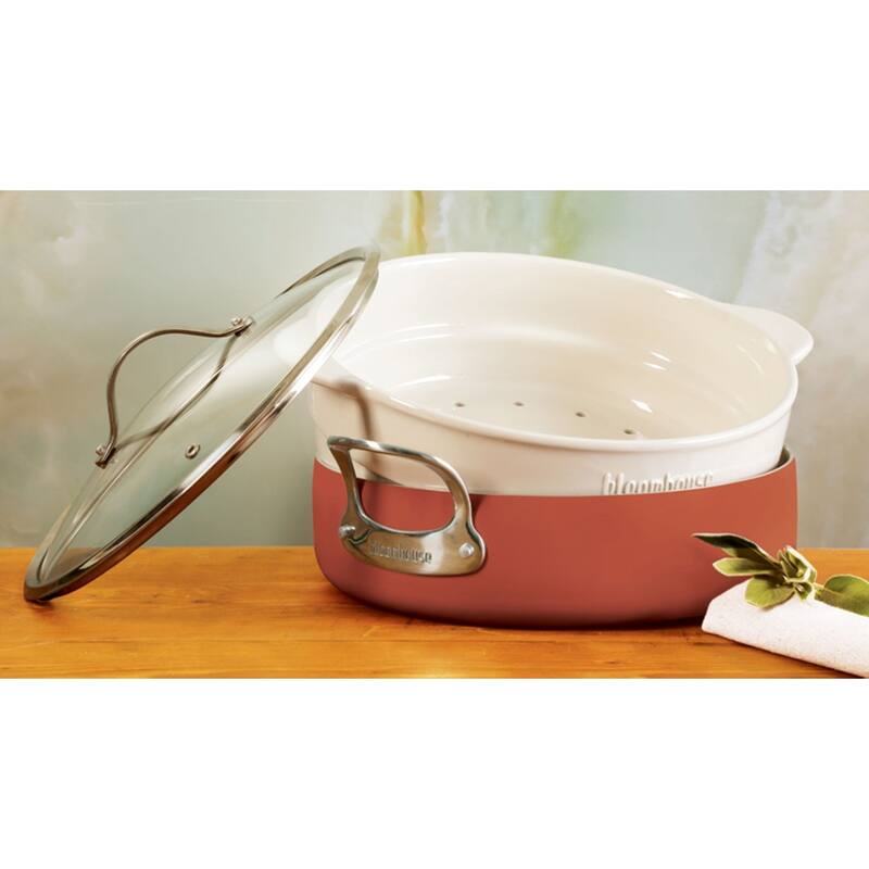 Bloomhouse 6-QT Aluminum Enamel Everyday Pan w/Non-Stick Non-Toxic Ceramic Interior and Ceramic Steamer Insert