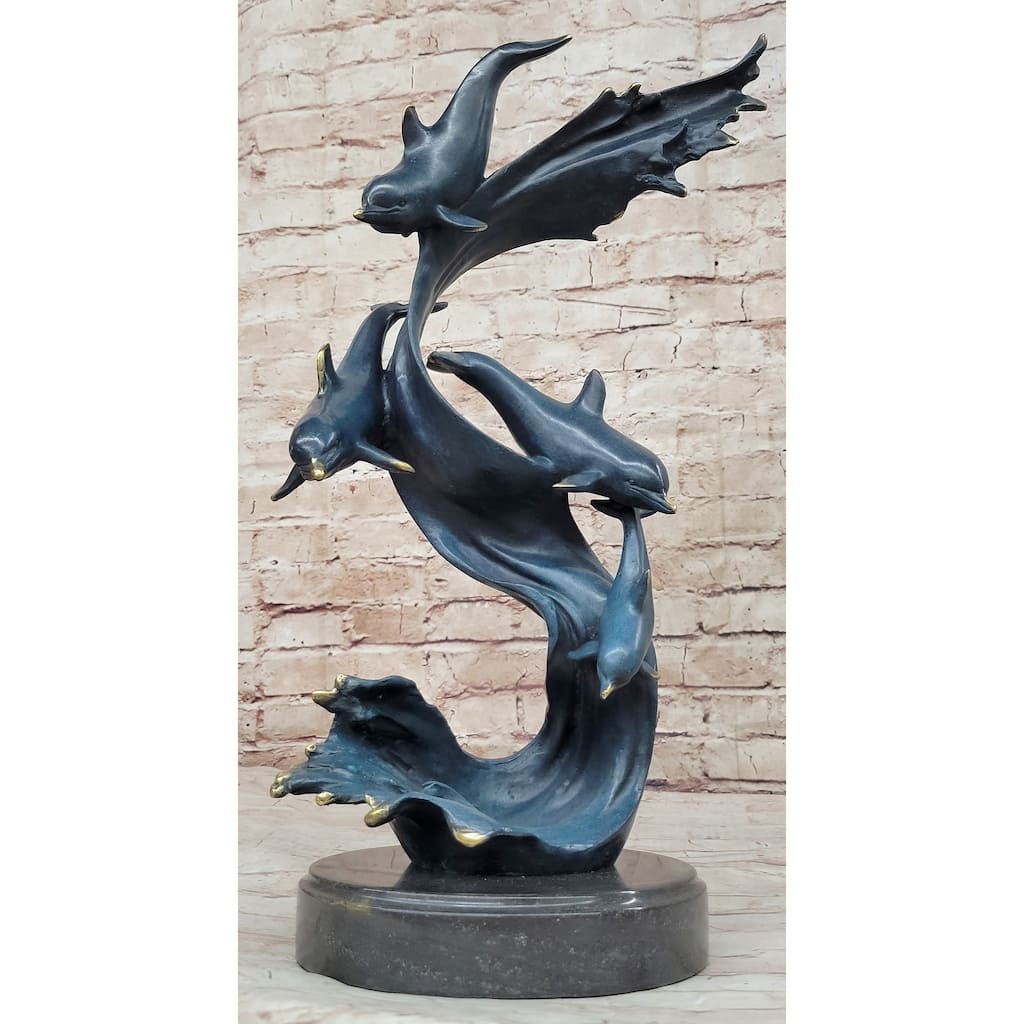 Four Swimming Dolphins Bronze Sculpture Statue Original Art Blue Green Patina