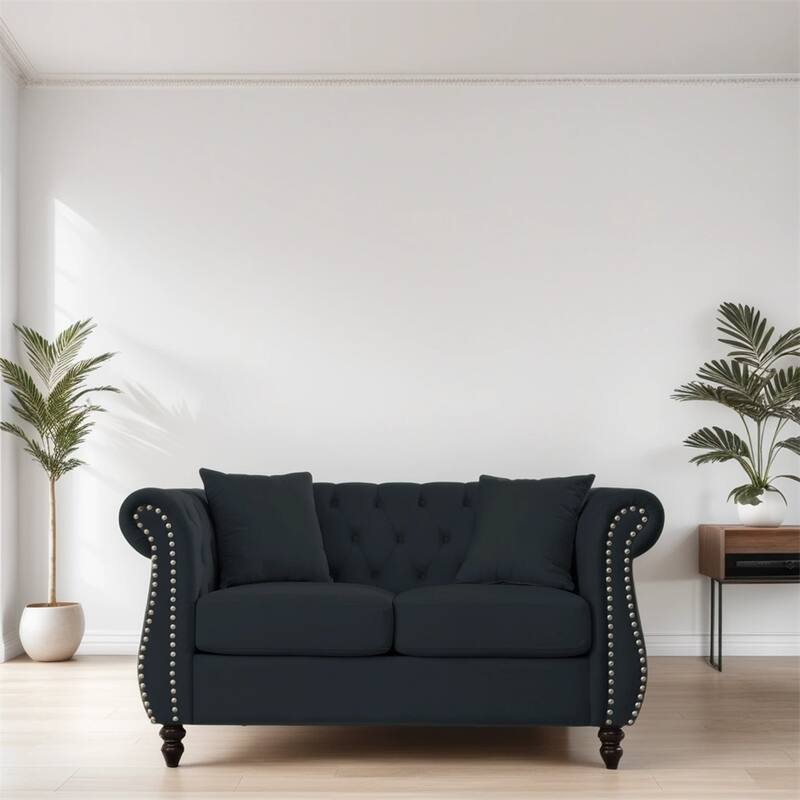 58.8" 2 Seater Velvet Sofa with Rolled Arms and Two Pillows