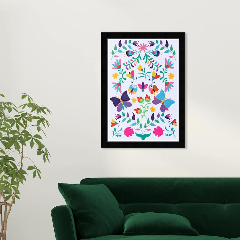 "Colorfull Floral II", Flowers and Butterflies Pattern Traditional Pink Framed Wall Art Print for Bedroom