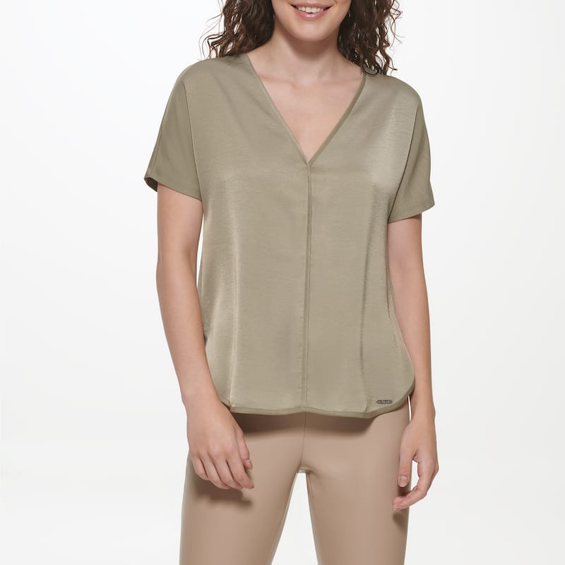 DKNY Woven V-Neck Short Sleeve Blouse - XS - Thyme
