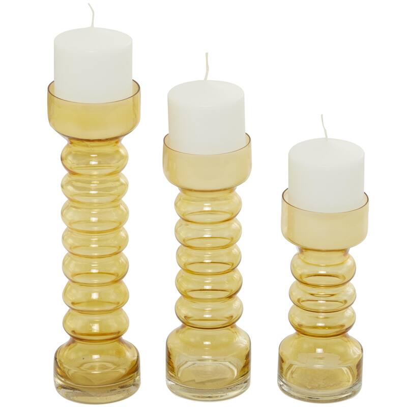 Glass Bubble Pillar Decorative Candle Holder - Set of 3 Yellow, Green, Clear - Roche River Decor - Yellow - 13", 11", 8"H