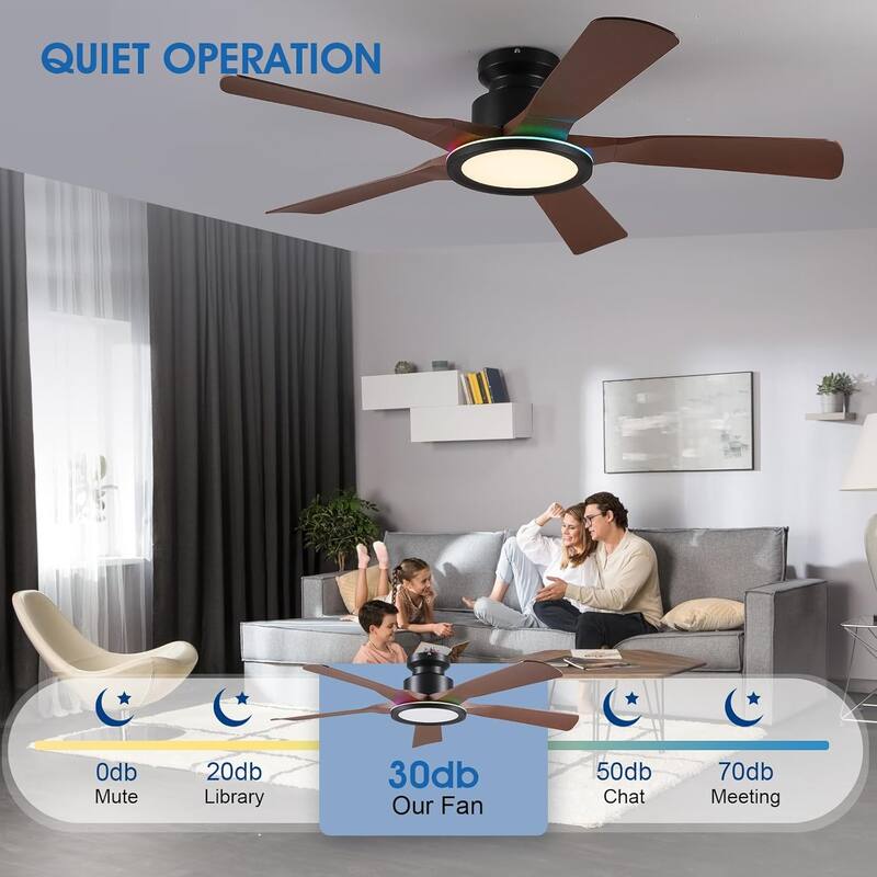 52 Inches Low Profile Flush Mount Ceiling Fan with LED Light,Reversible DC Motor - 52 Inches