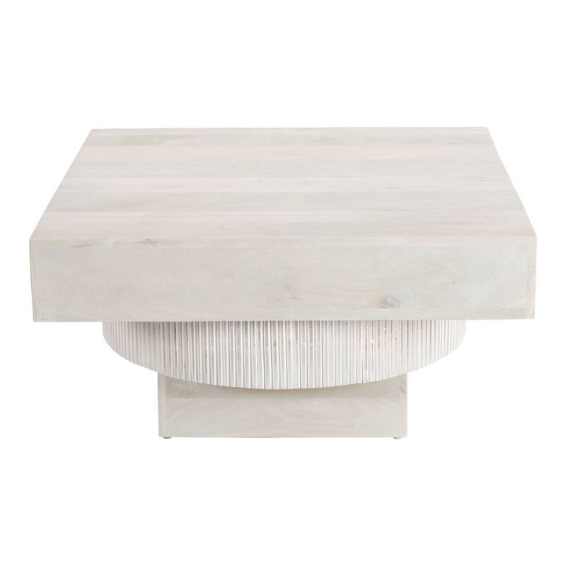 HomeRoots 36" Natural White Solid Wood Square Geo Pedestal Coffee Table - 36.00 in. x 17.70 in. x 36.00 in.