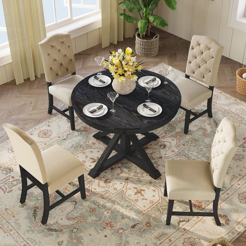 Wooden Round Drop Leaf Extendable Dining Table Set with 4 Upholstered Chairs