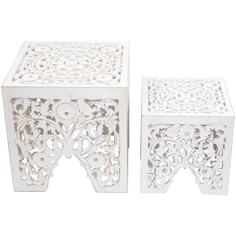 Set of 2 Antique White Square Stackable Nesting Side Table Stool 16"