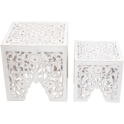 Set of 2 Antique White Square Stackable Nesting Side Table Stool 16"