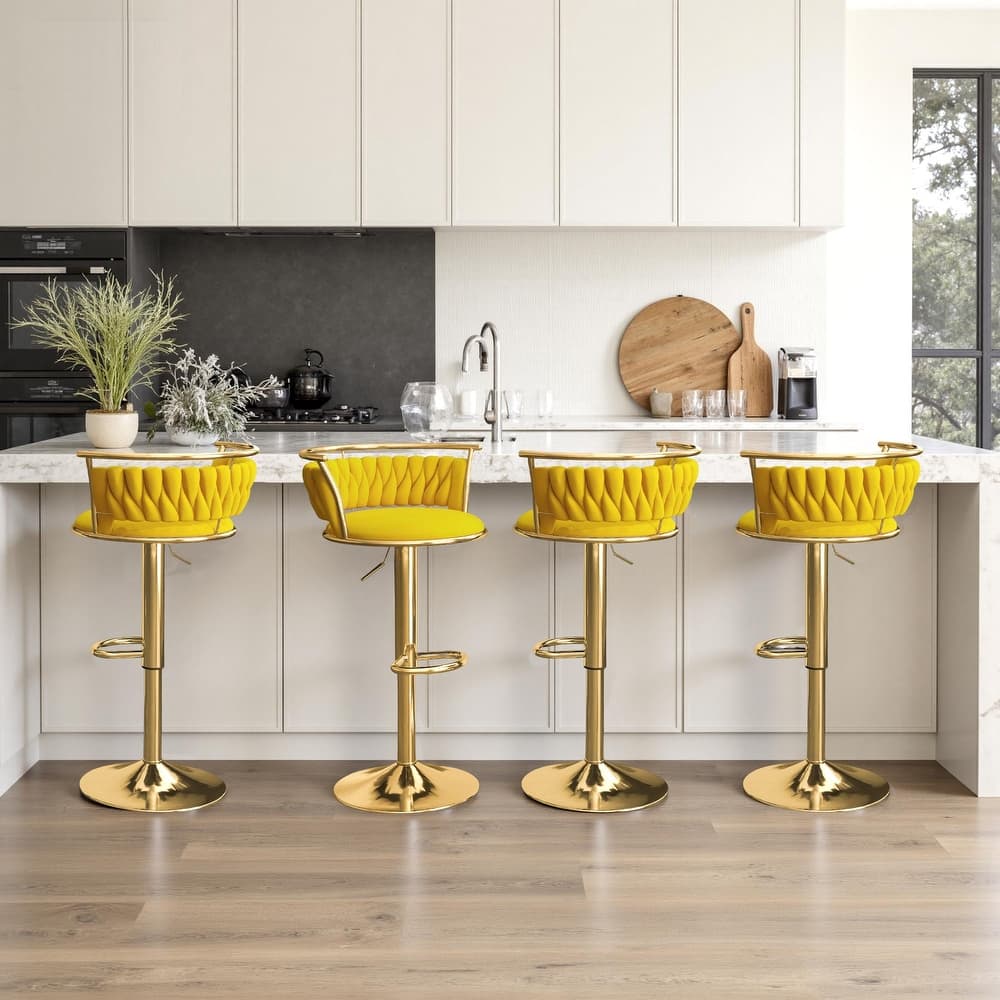 4 Set Modern Velvet Adjustable Swivel Bar Stools with Metal Frame