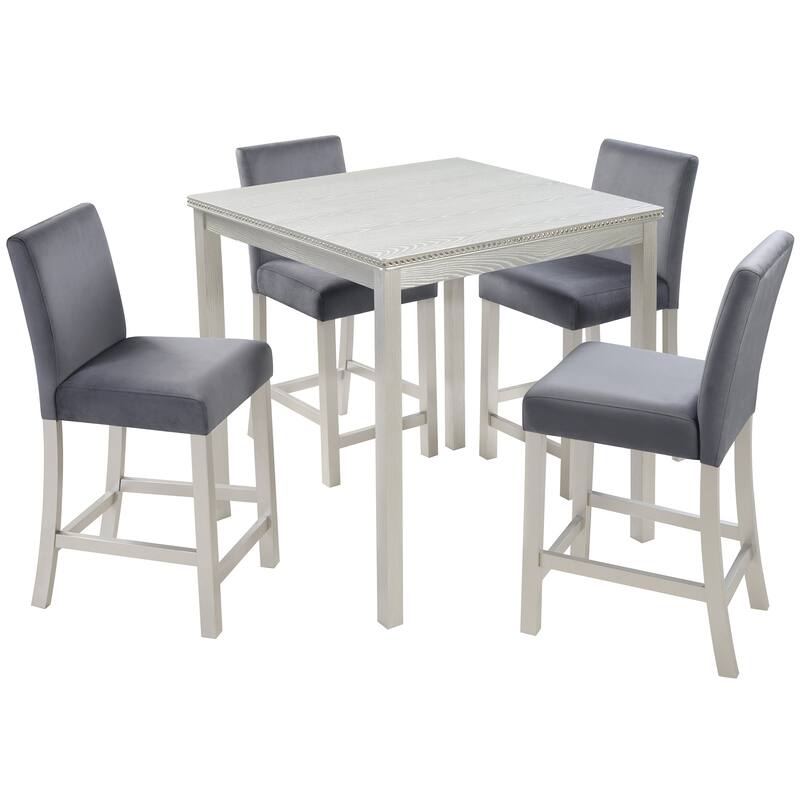 5-Piece, Modern Counter Height Table Set with 1 Square Table, 4 Upholstered Chairs and Crystal Accents, for Dining Rooms
