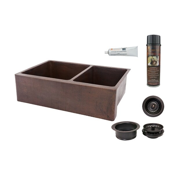 Premier Copper Products KSP3_KA60DB33229 33" Double Basin Farmhouse 14-Gauge Copper Kitchen Sink with Matching Drain and