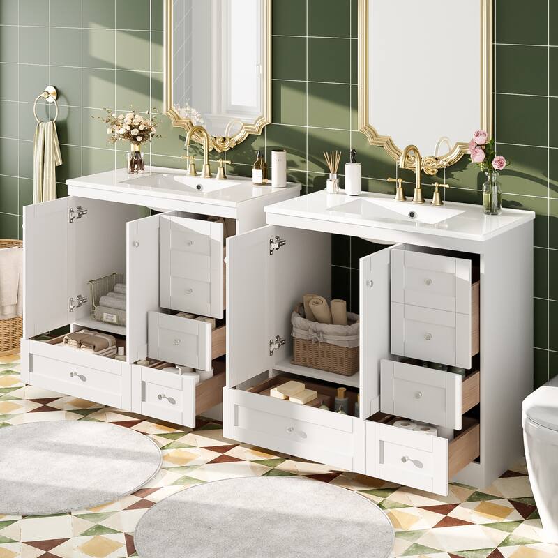 2-Piece Bathroom Vanity Set with Sink, Free-Standing 72" Bathroom Vanity Cabinet with Double Ceramic Sink