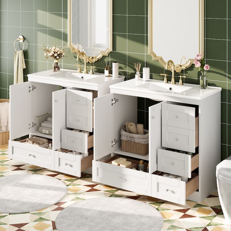 Roomfitters Shaker Style 72" Freestanding Bathroom Vanity Cabinet with Ceramic Sink, Soft-Close Doors and Drawers