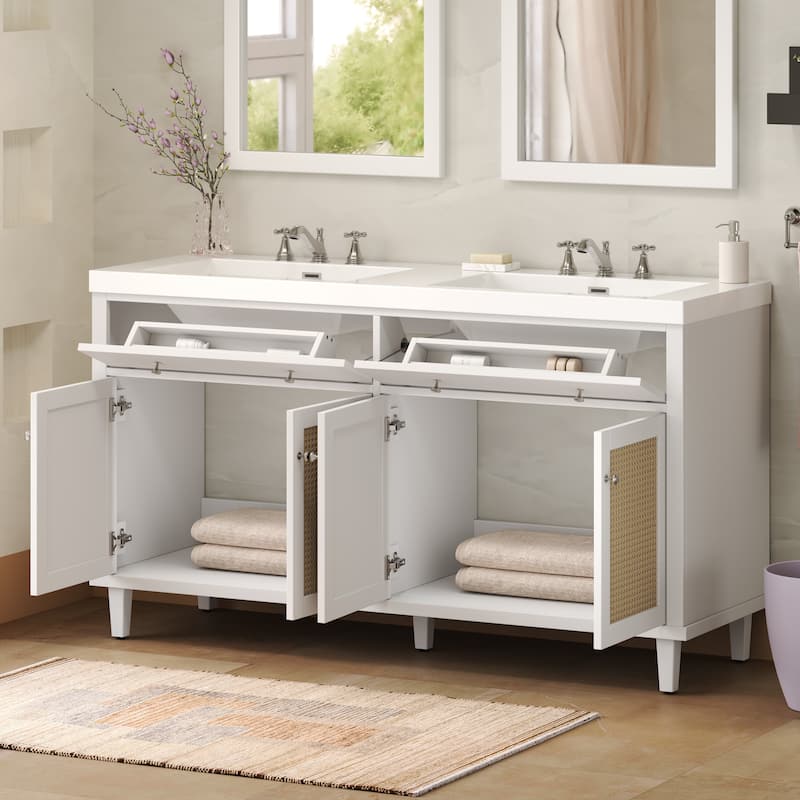 Christopher Knight Home - Bellmere 60" Modern Double Sink Bathroom Vanity with SMC Sink, Soft-Close Storage, and Solid Wood Legs