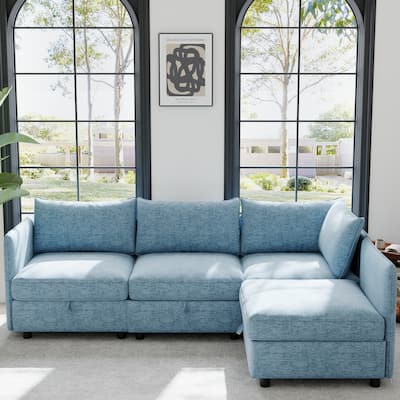 Modular Convertible Storage Sleeper Sofa in Antique Blue Chenille for Living Room