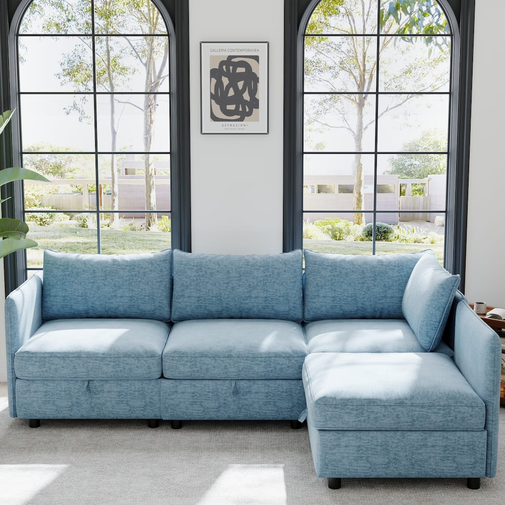 Modular Convertible Storage Sleeper Sofa in Antique Blue Chenille for Living Room