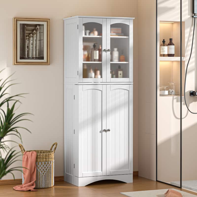 64" Kitchen Pantry Cabinet, Tall Storage Cabinet with Glass Doors and Adjustable Shelves - White
