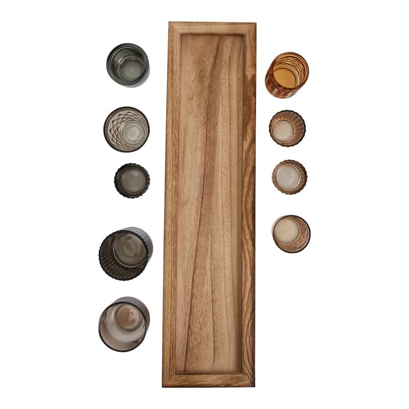 Wood Tray with 9 Blue & Green Glass Votive Holders