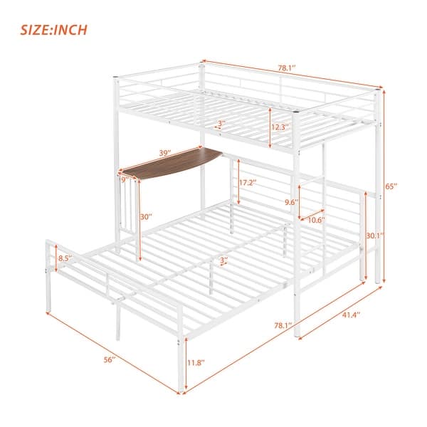White Twin over Full Metal Bunk Bed with Desk & Ladder