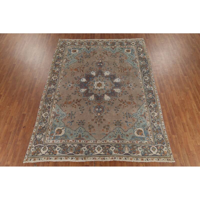 Brown Tabriz Persian Vintage Area Rug Handmade Wool Carpet - 8'3"x 11'3"