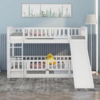 Twin Over Twin Low Bunk Bed, Open-row Floor Bed with Fence and Small Door, Bunk Bed Frame with Ladder and Convertible Slide