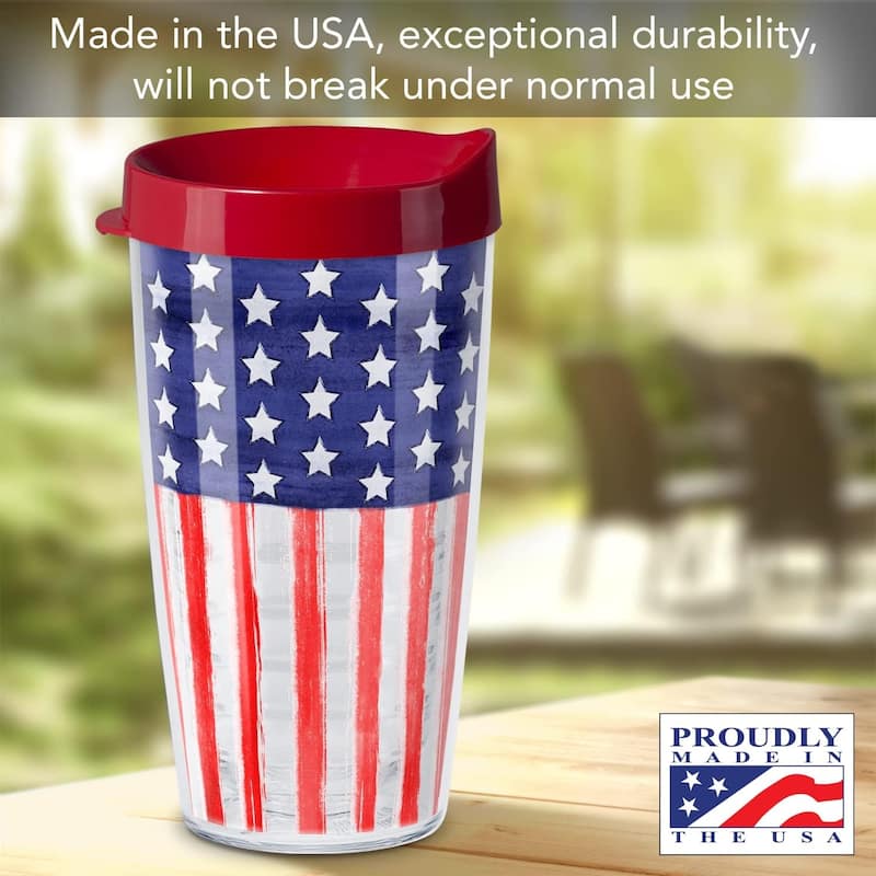 Patriotic Flag Double Wall Insulated Unbreakable Plastic Tumbler with Lid Holds 16 Fluid Ounces Microwave Safe Dishwasher Safe