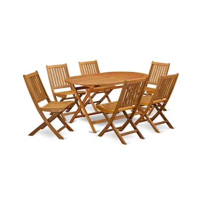 7-Piece Outdoor Table Set - Patio Dining Set with 6 Folding Chairs & Round Table - Natural Wood Finish - 72