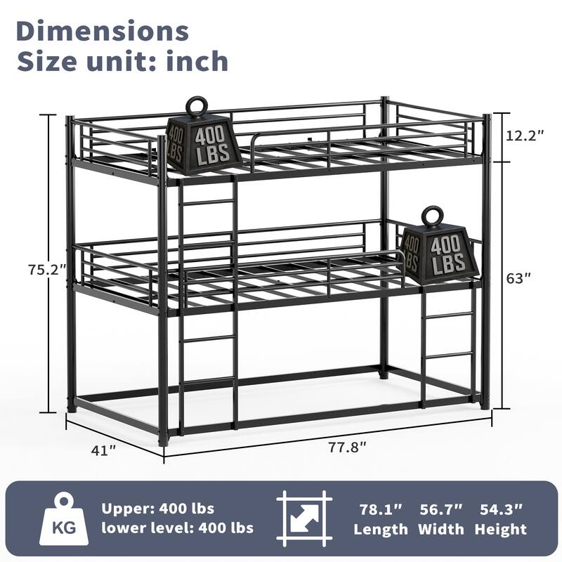 Twin Over Twin Over Twin Metal Triple Bunk Bed with Safety Rails, Non-Slip Ladder, Space Saving Design