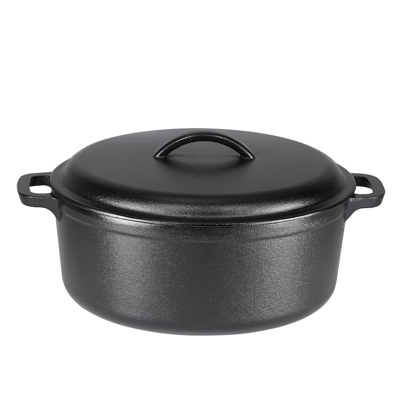 Round Pre-Seasoned Cast Iron Dutch Oven Pot with Lid and Dual Handles, Heavy-Duty & Large, 7-Quart, Black - Black