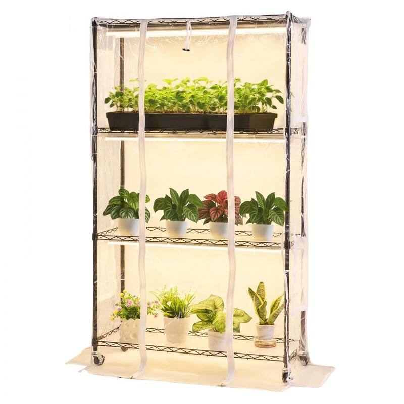 Black-Clear Metal 4-Tier Indoor Greenhouse Plant Stand with Cover and 6 Warm LED Lights and Timer - 35.43 x 13.78 x 59.06 in