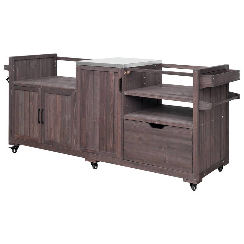 80.5" Solid Wood Outdoor Kitchen Island with Stainless Steel Top, Grill Cart Compatible with Big Green Egg & Blackstone