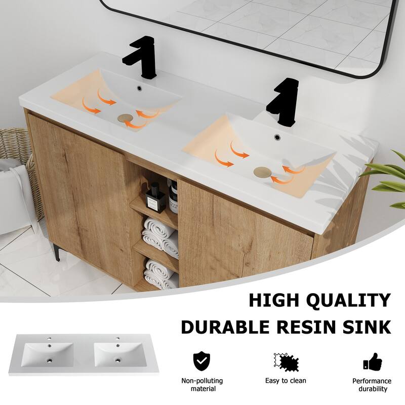 48 Inch Plywood Freestanding Bathroom Vanity Set in Imitative Oak with Integrated Double Resin Sink