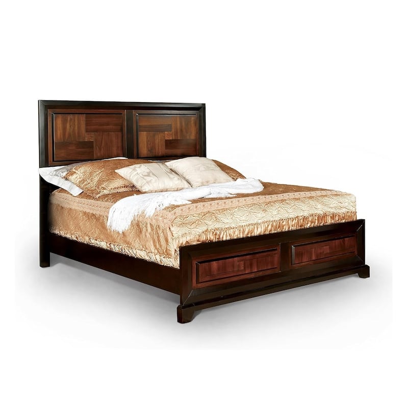 Queen Size Solid Wood Platform Bed with Parquet Headboard and Transitional Design