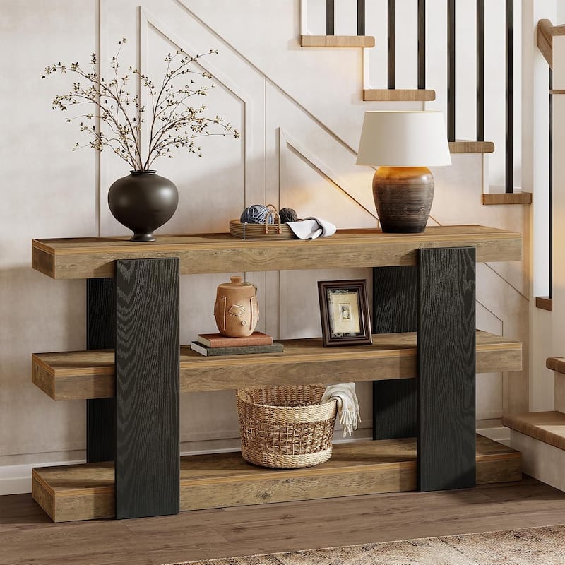 63-Inch Long Console Table, 3-Tier Entryway Table with Storage, Farmhouse Wood Behind Couch Tables - Vintage Brown & Black