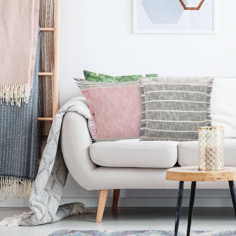 20" Gray and White Striped Square Throw Pillow with Fringes
