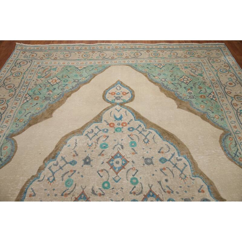 Hand Knotted Oriental 100% Wool Carpet Traditional Medallion Beige & Ivories Tabriz Area Rug - 11' 2'' X 8' 3''
