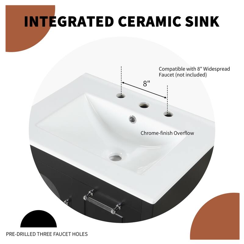 Freestanding Vanity for Bathroom with Ceramic Sink, Glass Cabinet Door, Drawers, Acrylic Bar Handles and Adjustable Shelf