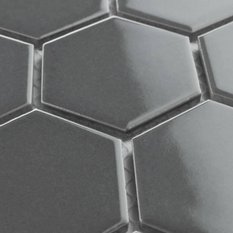 Merola Tile Metro 2" Hex Glossy Grey 11-1/8" x 12-5/8" Porcelain Floor and Wall Tile