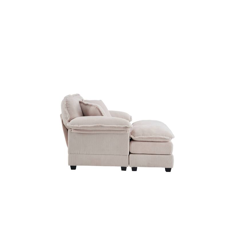 56.3 Inch White Foam Corduroy Single Sofa with 2 Pillows and Ottoman