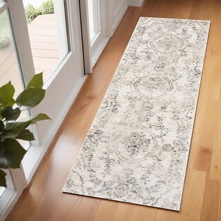 HomeRoots 7' Runner Gray Floral Distressed Runner Rug - 7' Runner - Bed ...