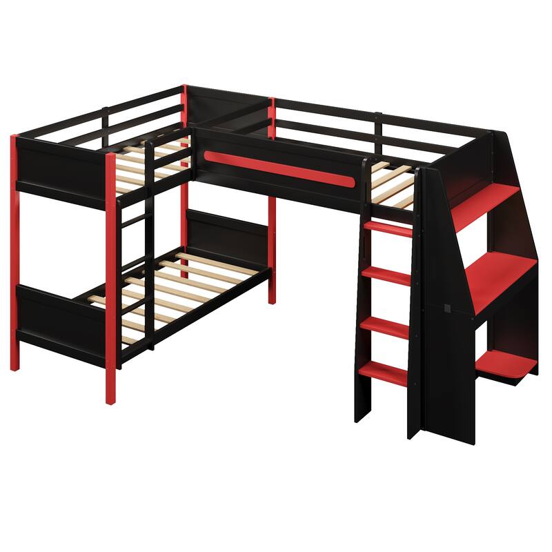 Gamer-Inspired Design L-Shaped Twin Over Twin Bunk Bed Teens Gaming Loft Bed with Desk, Shelves and LED Strip Lighting for Boys