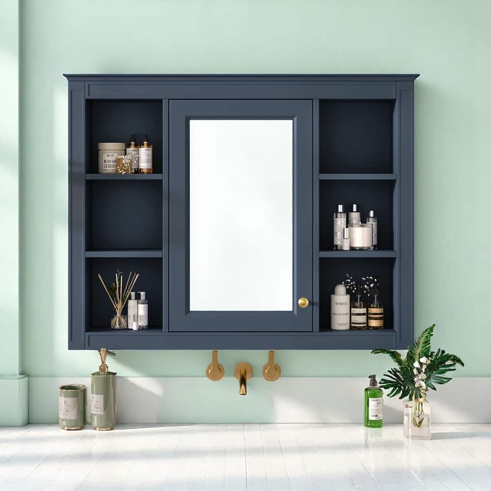 Modern Bathroom Mirror Cabinet, 35" Medicine Cabinet with 1 Door and 6 Open Shelves, Wall Mounted