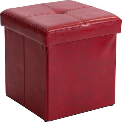 Faux Leather Cube Storage Ottoman Red