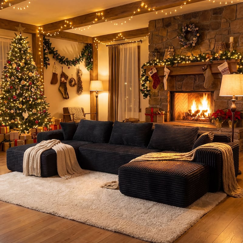 Oversized Modular Sectional Sofa, No Assembly Required, Corduroy Fabric, Deep Seat Cloud Couch with Chaise Foam Sofa - Black