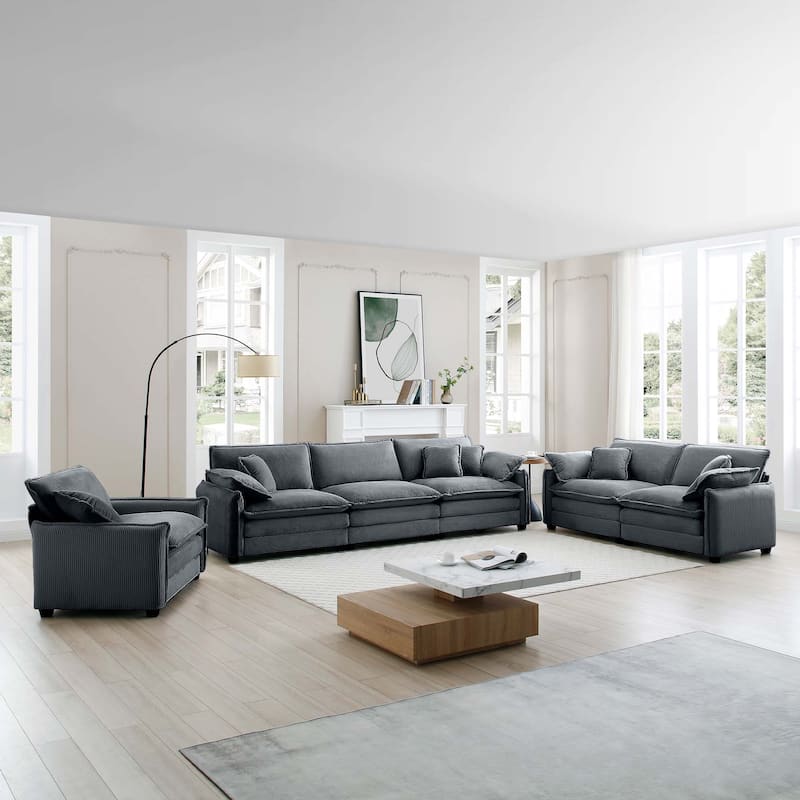 Roomfitters 3-Piece Modular Corduroy Sectional Sofa, Oversized 6-Seat Set with Memory Foam - Grey