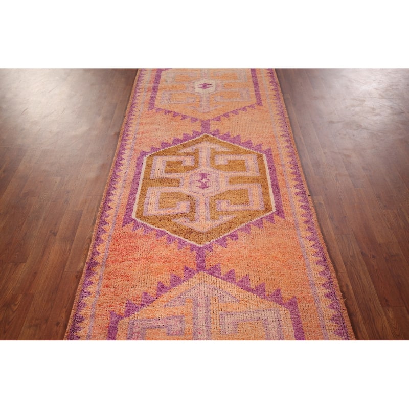 Geometric Oushak Oriental Vintage Runner Rug Hand-Knotted Wool Carpet - 3'6"x 10'4"