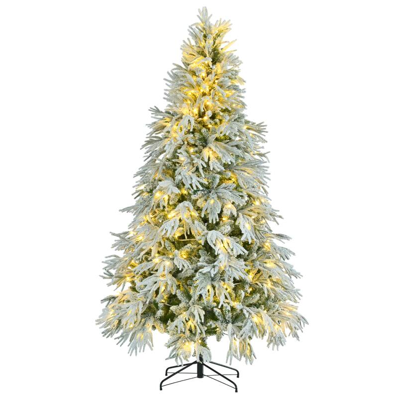 7.5ft Pre-Lit Spruce Snow Flocked Artificial Hinged Christmas Tree with 350 Multi-Color LED Lights & 1389 Snow Branch Tips
