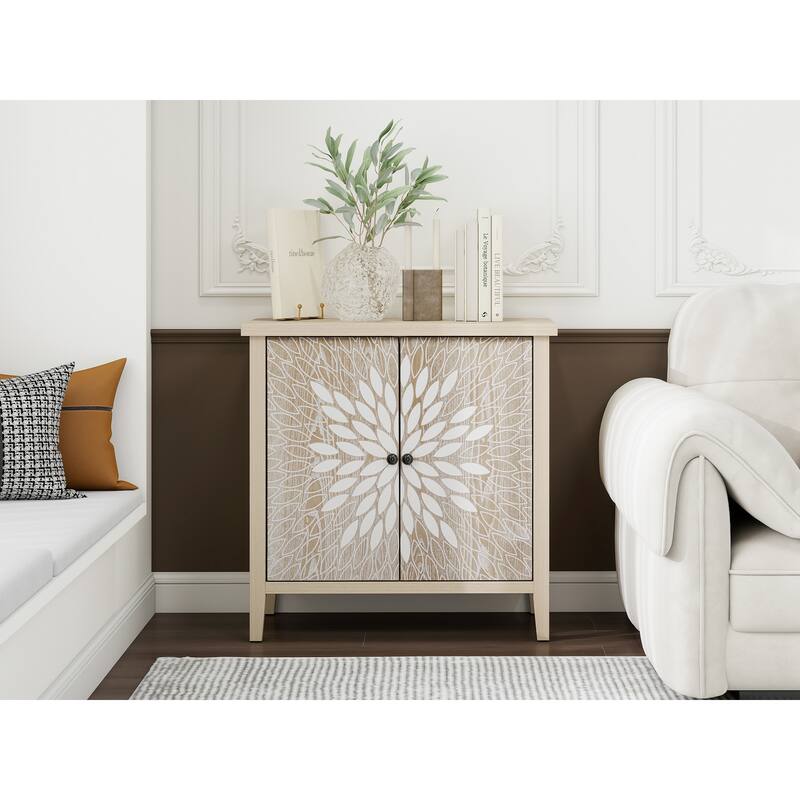 GDFStudio - Oakcraft Traditional Wooden Accent Storage Cabinet with 2 Carved Doors