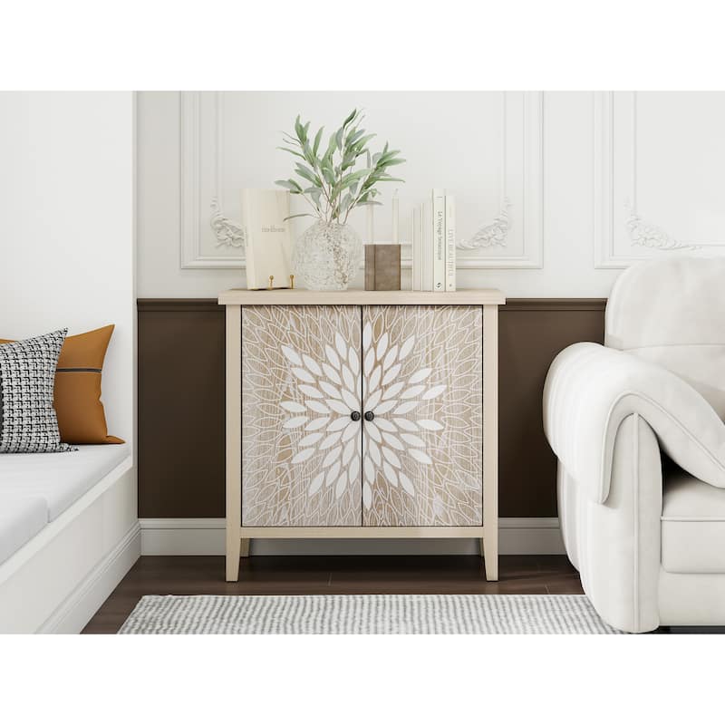 Wood Accent Cabinet with Carved Doors, Classic Storage Cabinet with Adjustable Shelves & Anti-Tip Safety Device
